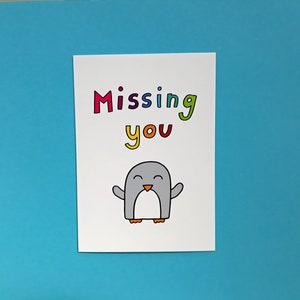 Missing you card - Penguin card - miss you card - sending hugs - thinking of you - blank - 091