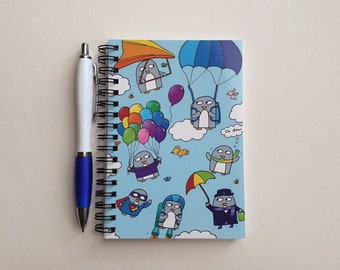 Penguin A6 Notebook: Funny Flying Penguin Design, Lined & Plain Paper