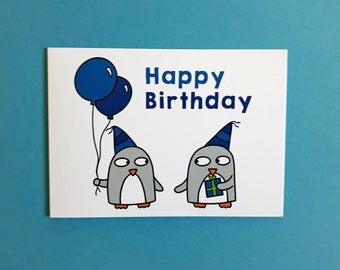 Penguin Birthday Card - Quirky card - Funny penguin card - Card for Him - Blue  or purple - blank inside - 031