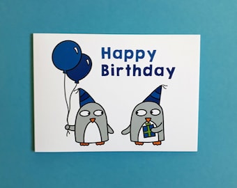 Penguin Birthday Card – Funny Penguins, Celebration Card, blue, purple