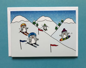 Penguin Christmas card, holiday card, skiing, snowboarding, fun in the snow, snow sports, C011