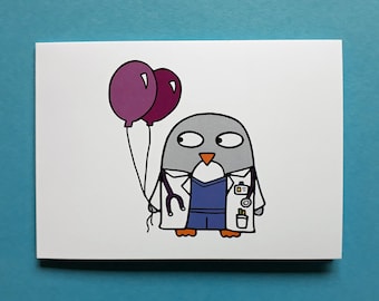 Doctor card - Congratulations on Graduating as a Doctor - Medic - Penguin card - Thank you Doctor - Graduation - balloons - birthday - 088