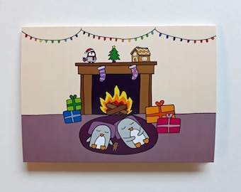 Penguin Christmas card, cute penguin Holiday card, A6 size, blank inside, Fireplace, C010