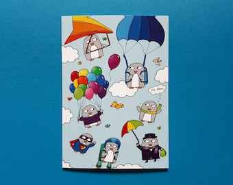 Funny Flying Penguin Birthday Card: Skydiving, Hang Gliding