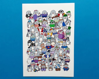 Quirky Penguin Print, Penguin gift, funny penguin wall art,  Illustration, A4, digital print