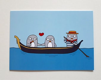 Penguin Anniversary card, penguins in love, engagement card, Gondola, Venice, Penguin Valentine's card - 096