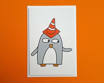 Funny Penguin Card: Traffic Cone Hat - Scottish Birthday Card