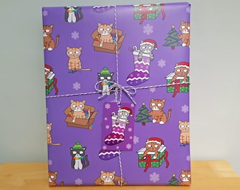 May include: A wrapped present with purple wrapping paper decorated with cartoon cats in festive hats, stockings, and gift boxes. The gift is tied with twine and a matching gift tag.
