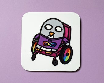 Gift for wheelchair user, wheelie gift, penguin gift coaster, rainbow wheels, infinity rainbow