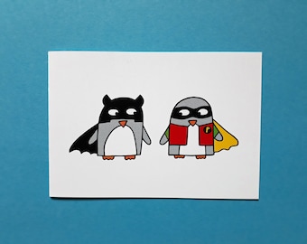 Superhero Card, Funny Penguins, Valentine's Day, Boyfriend, partner, husband, birthday -anniversary - bat penguin - Crusaders - blank - 004