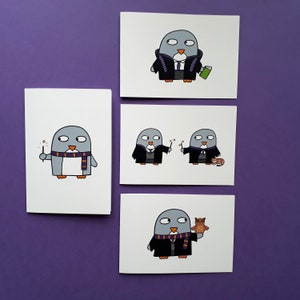 Manchot sorcier - Carte drôle de pingouin - duels de sorciers - sorcier avec hibou - cartes d'anniversaire - blanc - baguette magique - chat - rat de bibliothèque 075, 076, 077, 078