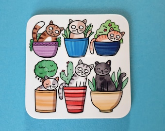 Funny Cats coaster, Mother's Day gift, pot plants coaster, cactus, cat gift, plant lover, cat lover, house warming, cat illustration gift