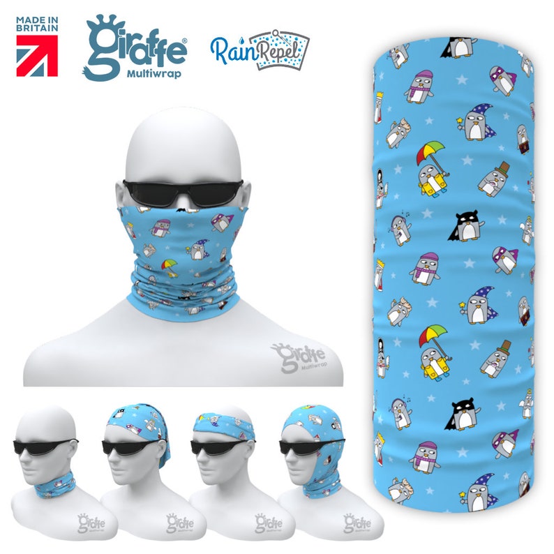 Penguin neckwear, headwear, scarf, face covering, blue, white, purple neck gaiter, hair, balaclava, running, cycling, bandana, for her, him image 5