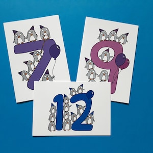 1er, 2e, 3e, 4e, 5e, 6e, 7e, 8e, 9e, 10e, 11e, 12e, 13 Carte d'anniversaire - Pingouins drôles - Anniversaire de l'enfant - Carte d'âge de l'enfant - N001-13