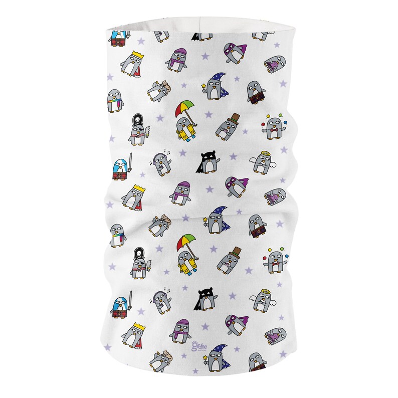 Penguin neckwear, headwear, scarf, face covering, blue, white, purple neck gaiter, hair, balaclava, running, cycling, bandana, for her, him White