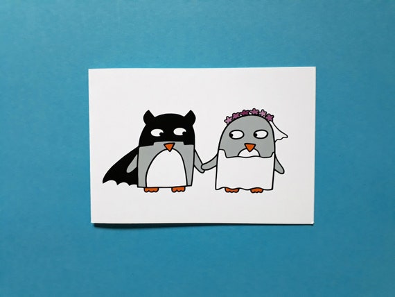Superhero Penguin Wedding Card: Funny Invitations, Bat penguin and Bride