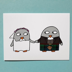 Schottische Hochzeit Karte, lustige Pinguin Hochzeit, Tartan Kilt, Save the Date, Schottische Hochzeit Einladung, schwarze Uhr - 019