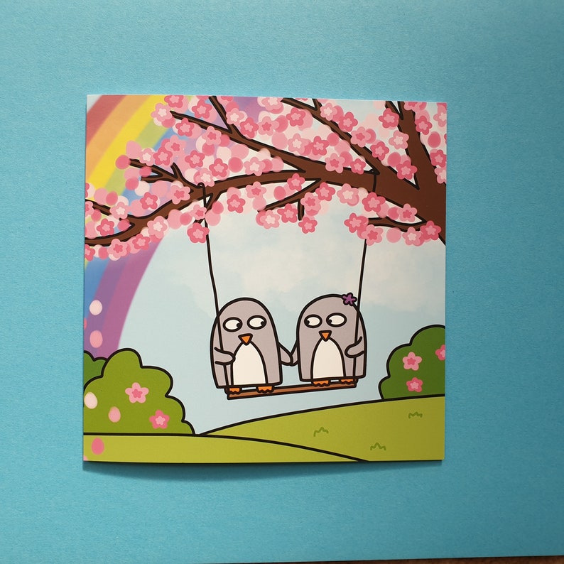 Anniversary card, Cute penguin card, Best friends card, Engagement, Wedding, Love card, Valentine's Day, cherry blossom, rainbow, blank image 2