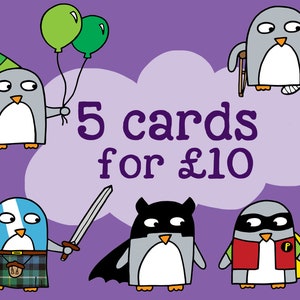 May include: A collection of illustrated penguin greeting cards on a purple background. The penguins are dressed in various costumes, including a superhero, a kilt, and a bat. Text reads "5 cards for £10".