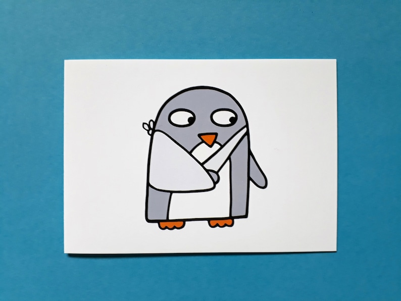 May include: A cartoon illustration of a penguin with a bandage on its wing. The penguin is grey and white with an orange beak and feet. The image is on a white background with a blue background.