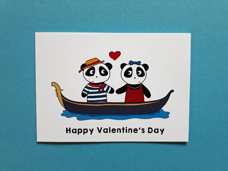Panda Valentine's Day card, cute valentine card, pandas in love, Venice, gondola, P015 image 2