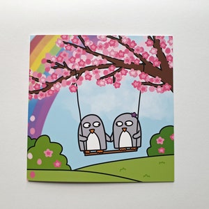 Anniversary card, Cute penguin card, Best friends card, Engagement, Wedding, Love card, Valentine's Day, cherry blossom, rainbow, blank image 7