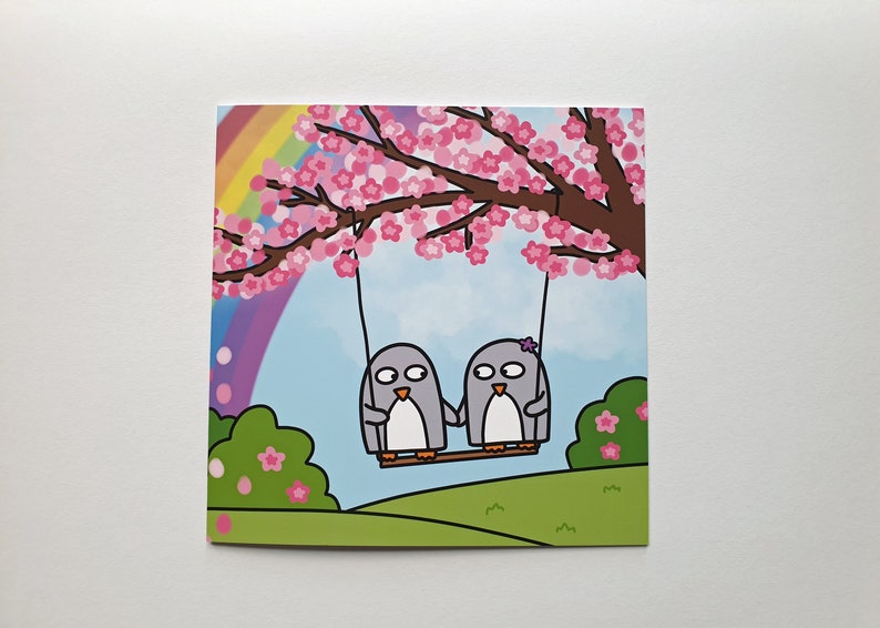 Anniversary card, Cute penguin card, Best friends card, Engagement, Wedding, Love card, Valentine's Day, cherry blossom, rainbow, blank image 7