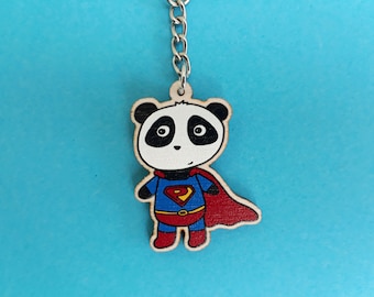 Panda superhero wooden keyring, Valentine's Day gift, keychain, backpack charm, panda gift, stocking filler