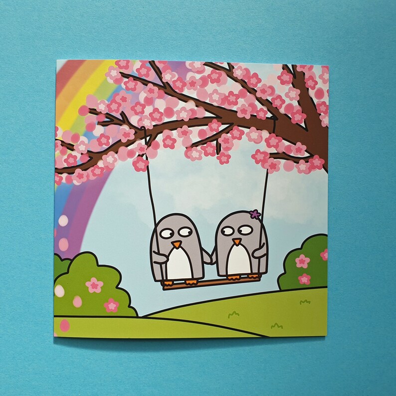 Anniversary card, Cute penguin card, Best friends card, Engagement, Wedding, Love card, Valentine's Day, cherry blossom, rainbow, blank image 4