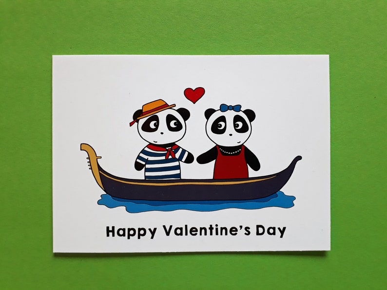 Panda Valentine's Day card, cute valentine card, pandas in love, Venice, gondola, P015 image 3