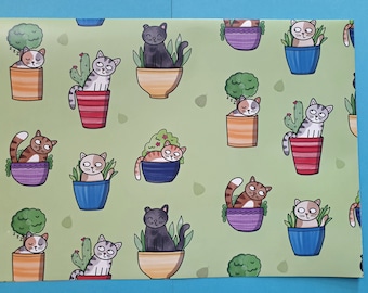 Cat gift wrap, cat wrapping paper, pot plants, house plant, cactus,FOLDED, gardening, funny cat gift, crazy cats, birthday paper