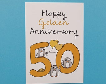 Goldene 50 Jahre Hochzeitskarte: Pinguin Glückwünsche