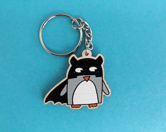 Penguin Superhero Keychain: Wooden Charm Penguin Gift