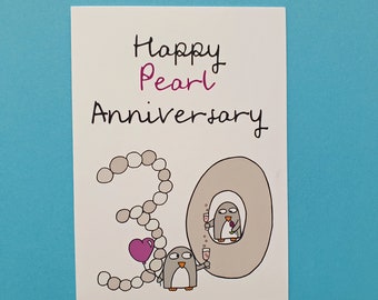 30th Wedding Anniversary card - Pearl anniversary Card - Thirtieth Anniversary - Penguin Card - AN030