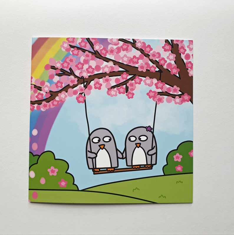 Anniversary card, Cute penguin card, Best friends card, Engagement, Wedding, Love card, Valentine's Day, cherry blossom, rainbow, blank image 1
