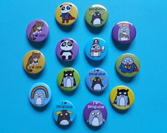 Animal Badges, Save when you buy 3, penguin badges , cat badges, panda badge 38mm badges,  cute badges, party bag gifts, penguin gift