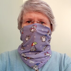 Penguin neckwear, headwear, scarf, face covering, blue, white, purple neck gaiter, hair, balaclava, running, cycling, bandana, for her, him image 6