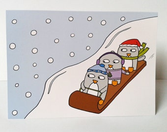 Penguin Christmas Card - Sledge Penguins - Penguin Holiday card-  C006