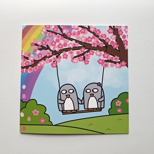 Anniversary card, Cute penguin card, Best friends card, Engagement, Wedding, Love card, Valentine's Day, cherry blossom, rainbow, blank image 3