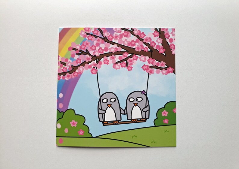 Anniversary card, Cute penguin card, Best friends card, Engagement, Wedding, Love card, Valentine's Day, cherry blossom, rainbow, blank image 3