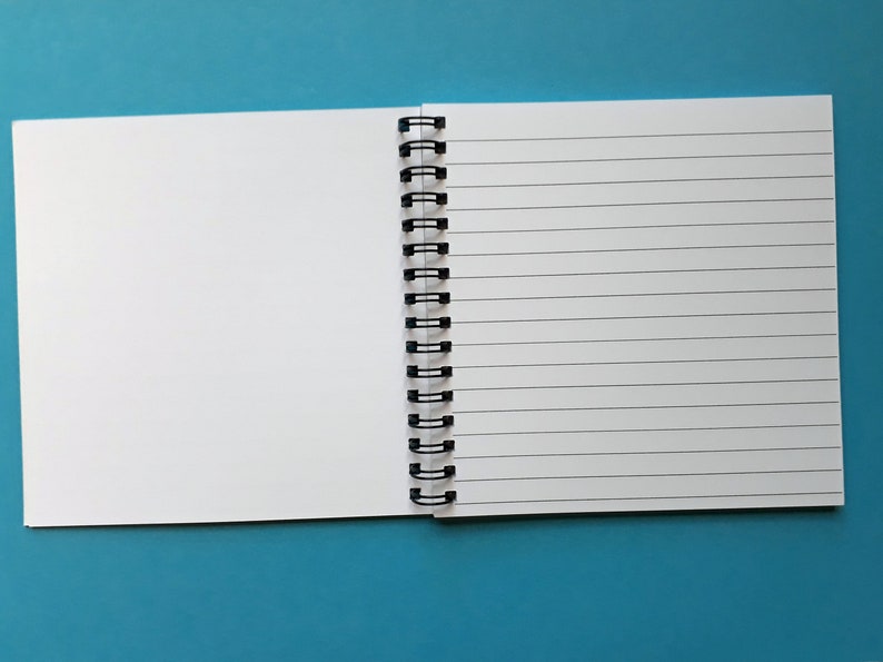 May include: Open spiral-bound notebook with blank white pages. One side is lined with horizontal black lines, the other is blank. The notebook is held together by a black metal spiral binding. The background is a solid teal color.