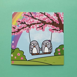 Anniversary card, Cute penguin card, Best friends card, Engagement, Wedding, Love card, Valentine's Day, cherry blossom, rainbow, blank image 5