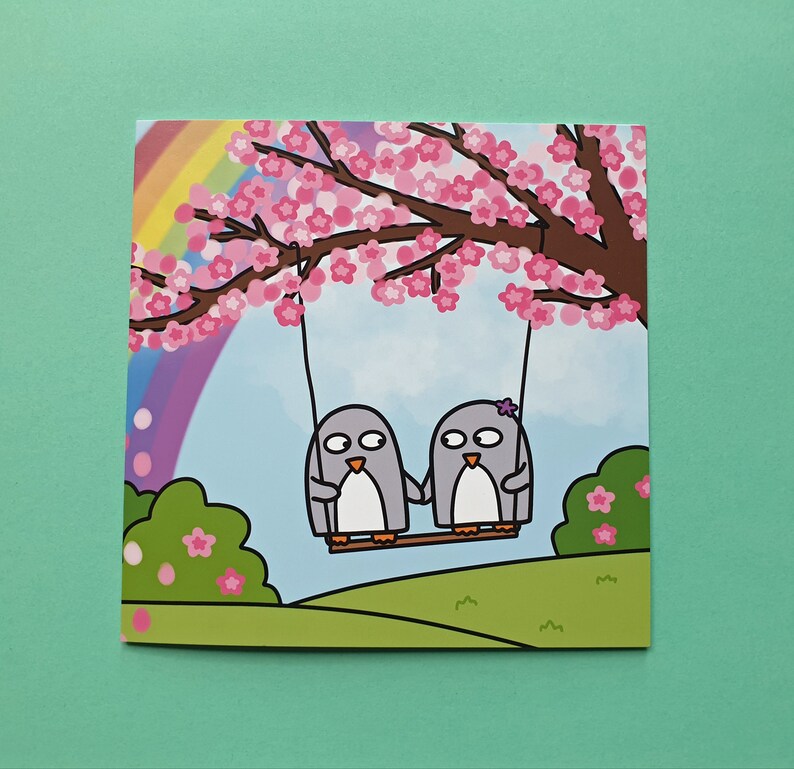 Anniversary card, Cute penguin card, Best friends card, Engagement, Wedding, Love card, Valentine's Day, cherry blossom, rainbow, blank image 5