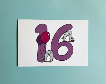 16th Birthday Card - Funny Penguins - Sweet Sixteen Card - purple - for her - Cute Sixteenth - daughter - girlfriend - girl - N016