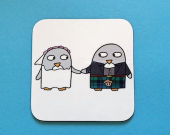 Funny Scottish Penguin Wedding Coaster Gift: Tartan Wedding Favor