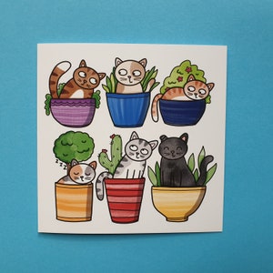 Katzen Karte, Katzen und Pflanzen, Topfpflanzen, Kaktus, Geburtstagskarte, Garten Katzen, lustige Katzen, innen blanko