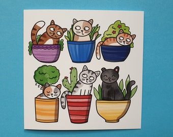 Cat card, cats and plants, pot plants, cactus, birthday card, gardening cats, funny cats, blank inside