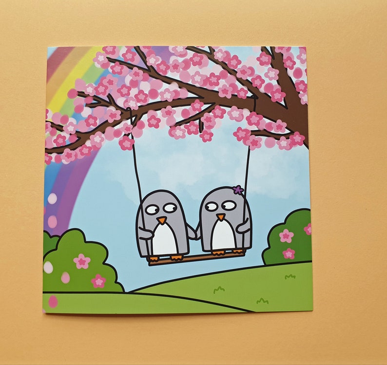 Anniversary card, Cute penguin card, Best friends card, Engagement, Wedding, Love card, Valentine's Day, cherry blossom, rainbow, blank image 6