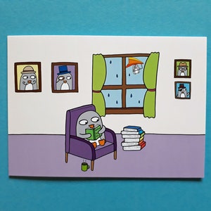 Retirement card, penguin birthday card, Father's Day, flying card, book lover, how to fly, hang glider, reading, books, blank, 099