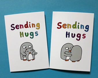 Thinking of you card penguins - sending hugs card - missing you - sending love - penguin card - sympathy - sorry - loss, blank - 089 - 090